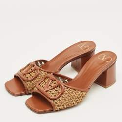 Pre Owned Valentino Brown Straw and Leather Escape VLogo Slide Sandals Size 37