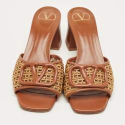 Pre Owned Valentino Brown Straw and Leather Escape VLogo Slide Sandals Size 37