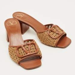 Pre Owned Valentino Brown Straw and Leather Escape VLogo Slide Sandals Size 37