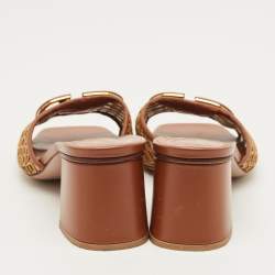 Pre Owned Valentino Brown Straw and Leather Escape VLogo Slide Sandals Size 37
