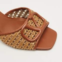 Pre Owned Valentino Brown Straw and Leather Escape VLogo Slide Sandals Size 37