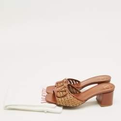 Pre Owned Valentino Brown Straw and Leather Escape VLogo Slide Sandals Size 37