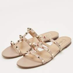 Pre Owned Valentino Dusty Pink Leather Rockstud Flat Slides Size 40