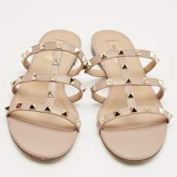 Pre Owned Valentino Dusty Pink Leather Rockstud Flat Slides Size 40