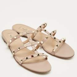 Pre Owned Valentino Dusty Pink Leather Rockstud Flat Slides Size 40