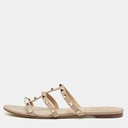 Pre Owned Valentino Beige Leather Rockstud Flat Slide Sandals Size 39
