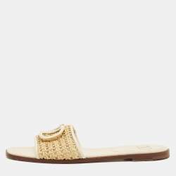 Pre Owned Valentino Brown Straw Escape V logo Flat Slide Size 38