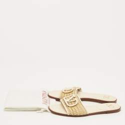 Pre Owned Valentino Brown Straw Escape V logo Flat Slide Size 38