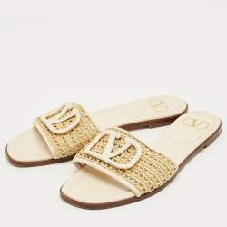 Pre Owned Valentino Brown Straw Escape V logo Flat Slide Size 38