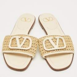 Pre Owned Valentino Brown Straw Escape V logo Flat Slide Size 38
