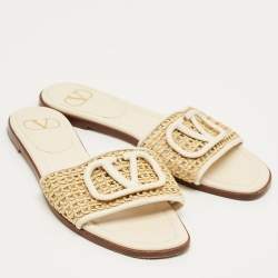 Pre Owned Valentino Brown Straw Escape V logo Flat Slide Size 38