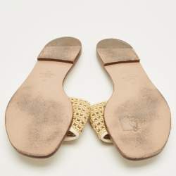Pre Owned Valentino Brown Straw Escape V logo Flat Slide Size 38