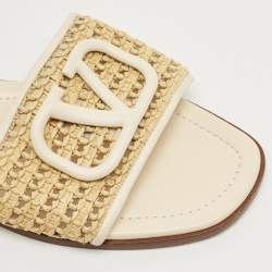 Pre Owned Valentino Brown Straw Escape V logo Flat Slide Size 38