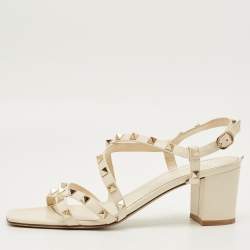 Pre Owned Valentino Off White Leather Rockstud Slingback Block Heel Sandals Size 39