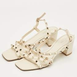 Pre Owned Valentino Off White Leather Rockstud Slingback Block Heel Sandals Size 39