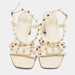 Pre Owned Valentino Off White Leather Rockstud Slingback Block Heel Sandals Size 39