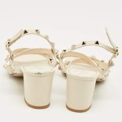 Pre Owned Valentino Off White Leather Rockstud Slingback Block Heel Sandals Size 39