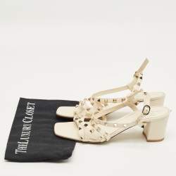 Pre Owned Valentino Off White Leather Rockstud Slingback Block Heel Sandals Size 39