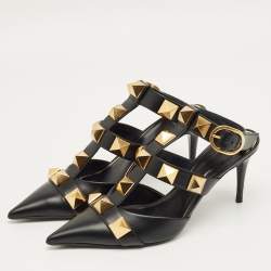 Pre Owned Valentino Black Leather Roman Stud Pointed Toe Ankle Cuff Pumps Size 38