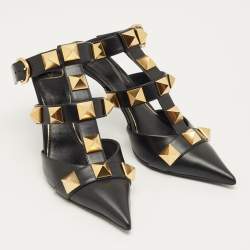 Pre Owned Valentino Black Leather Roman Stud Pointed Toe Ankle Cuff Pumps Size 38