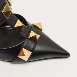Pre Owned Valentino Black Leather Roman Stud Pointed Toe Ankle Cuff Pumps Size 38