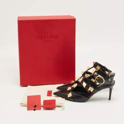 Pre Owned Valentino Black Leather Roman Stud Pointed Toe Ankle Cuff Pumps Size 38