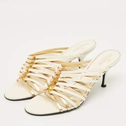 Pre Owned Valentino Cream Leather Rockstud Slide Sandals Size 40.5