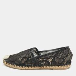 Pre Owned Valentino Black Lace and Leather Espadrille Flats Size 38