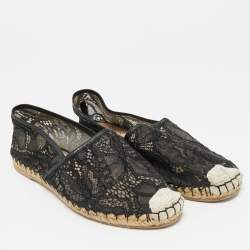 Pre Owned Valentino Black Lace and Leather Espadrille Flats Size 38