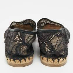 Pre Owned Valentino Black Lace and Leather Espadrille Flats Size 38