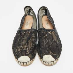 Pre Owned Valentino Black Lace and Leather Espadrille Flats Size 38
