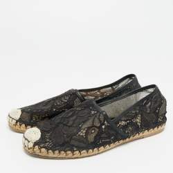 Pre Owned Valentino Black Lace and Leather Espadrille Flats Size 38