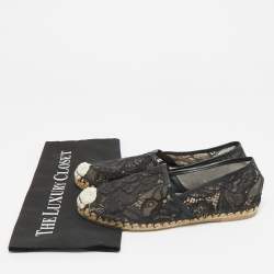 Pre Owned Valentino Black Lace and Leather Espadrille Flats Size 38