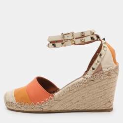 Pre Owned Valentino Multicolor Leather Rockstud Wedge Ankle Strap Sandals Size 37
