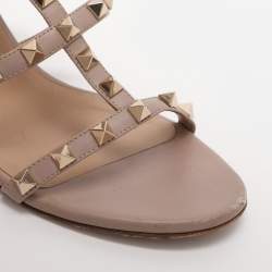 Pre Owned Valentino Nude Pink Leather Rockstud Block Heel Slide Sandals Size 39