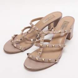 Pre Owned Valentino Nude Pink Leather Rockstud Block Heel Slide Sandals Size 39