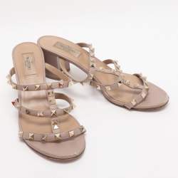 Pre Owned Valentino Nude Pink Leather Rockstud Block Heel Slide Sandals Size 39