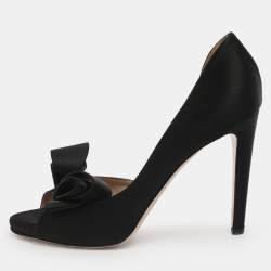 Pre Owned Valentino Black Satin Bow Peep Toe D'orsay Pumps Size 38.5