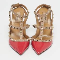 Pre Owned Valentino Pink/Beige Patent Leather Rockstud Caged Ankle Strap Pumps Size 37