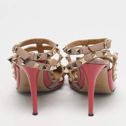 Pre Owned Valentino Pink/Beige Patent Leather Rockstud Caged Ankle Strap Pumps Size 37