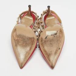 Pre Owned Valentino Pink/Beige Patent Leather Rockstud Caged Ankle Strap Pumps Size 37