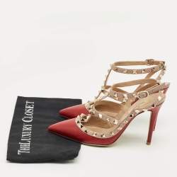 Pre Owned Valentino Red/Pink Leather Rockstud Ankle Strap Pumps Size 37