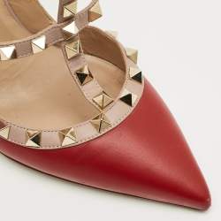 Pre Owned Valentino Red/Pink Leather Rockstud Ankle Strap Pumps Size 37