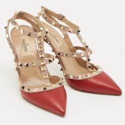 Pre Owned Valentino Red/Pink Leather Rockstud Ankle Strap Pumps Size 37