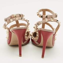 Pre Owned Valentino Red/Pink Leather Rockstud Ankle Strap Pumps Size 37