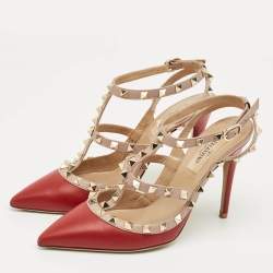 Pre Owned Valentino Red/Pink Leather Rockstud Ankle Strap Pumps Size 37