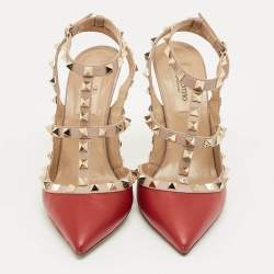 Pre Owned Valentino Red/Pink Leather Rockstud Ankle Strap Pumps Size 37
