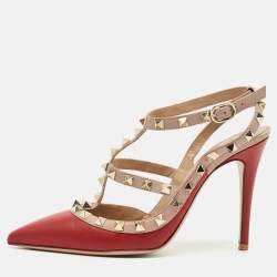 Pre Owned Valentino Red/Pink Leather Rockstud Ankle Strap Pumps Size 37