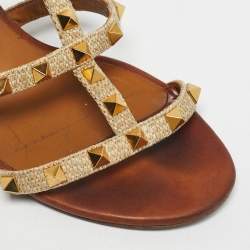 Pre Owned Valentino Beige/Brown Leather and Straw Rockstud Slide Sandals Size 39