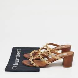 Pre Owned Valentino Beige/Brown Leather and Straw Rockstud Slide Sandals Size 39